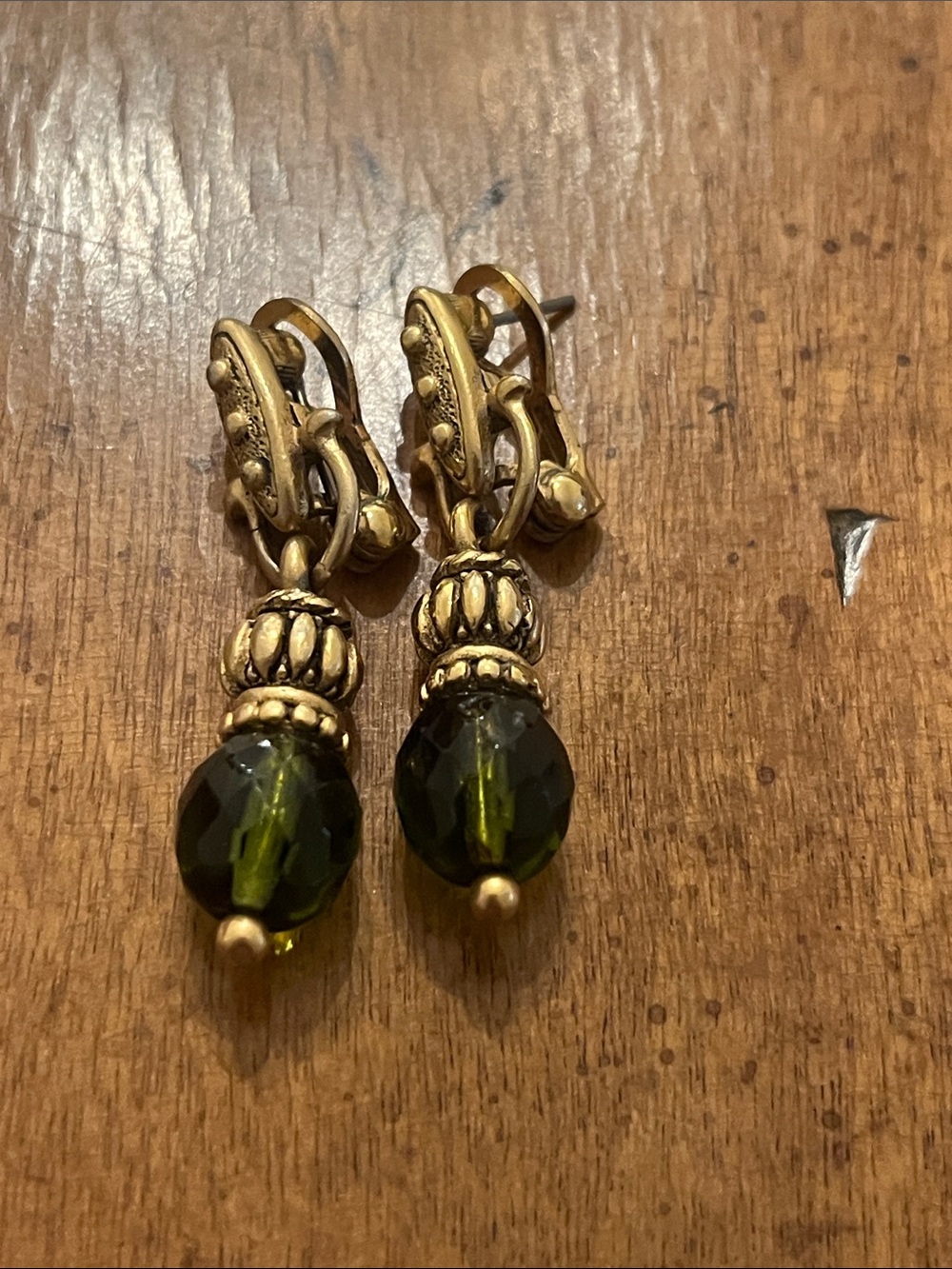 Gold Toned Olive Green Bead Dangle Pierced Earrings